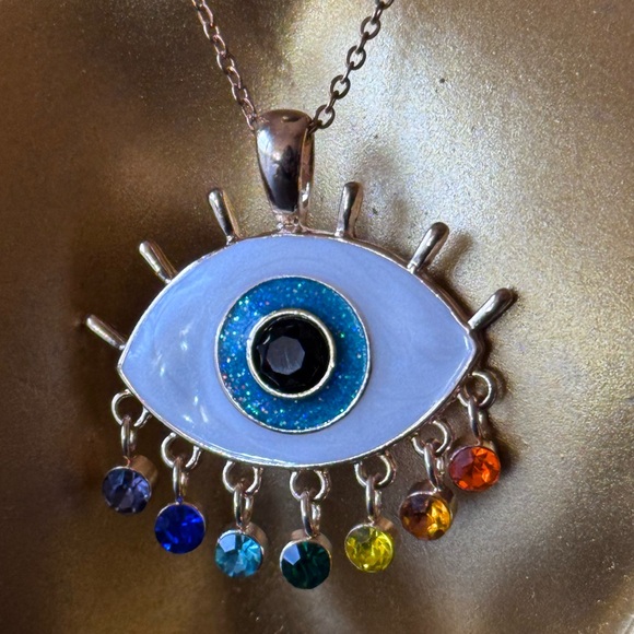 Hand Crafted Gold Evil Eye Necklace with Colorful Charms - Picture 3 of 3